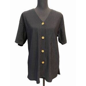 Vintage Colon black beaded button V-neck blouse tunic ribbed evening glam